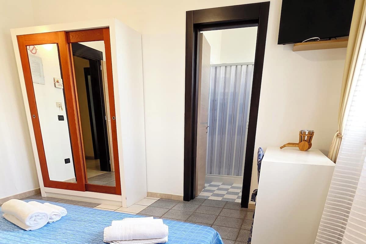 A hotel room with a bed, a mirror, a television, and a bathroom door.