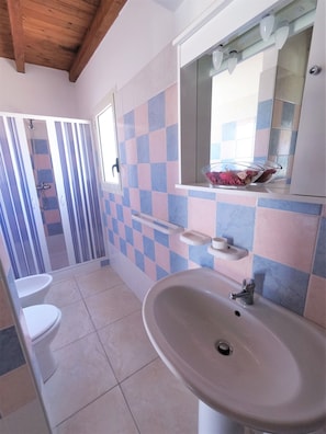 A bathroom with a large sink, a mirror, and a shower area.