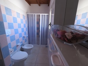 Une salle de bain avec une douche, deux toilettes, un bidet et un vase en verre contenant des fleurs.