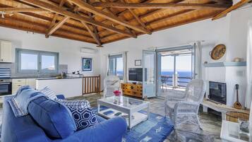 Una Smart TV, una chimenea, un reproductor de DVD, libros