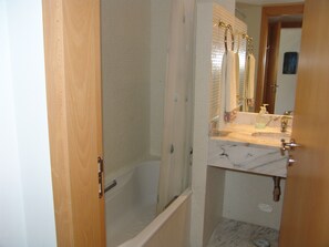 Combined shower/tub, hair dryer, bidet, towels
