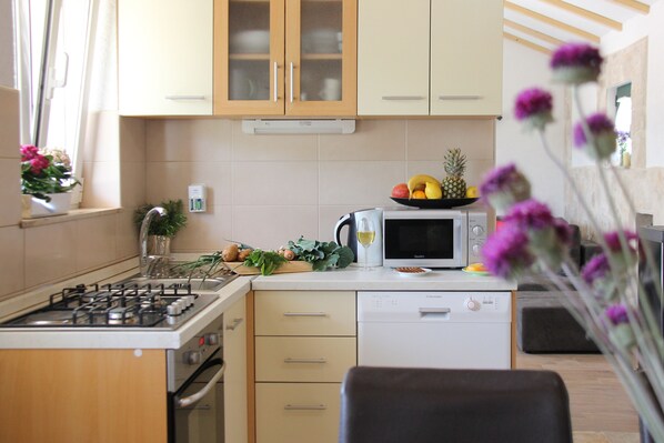 Fridge, microwave, oven, stovetop