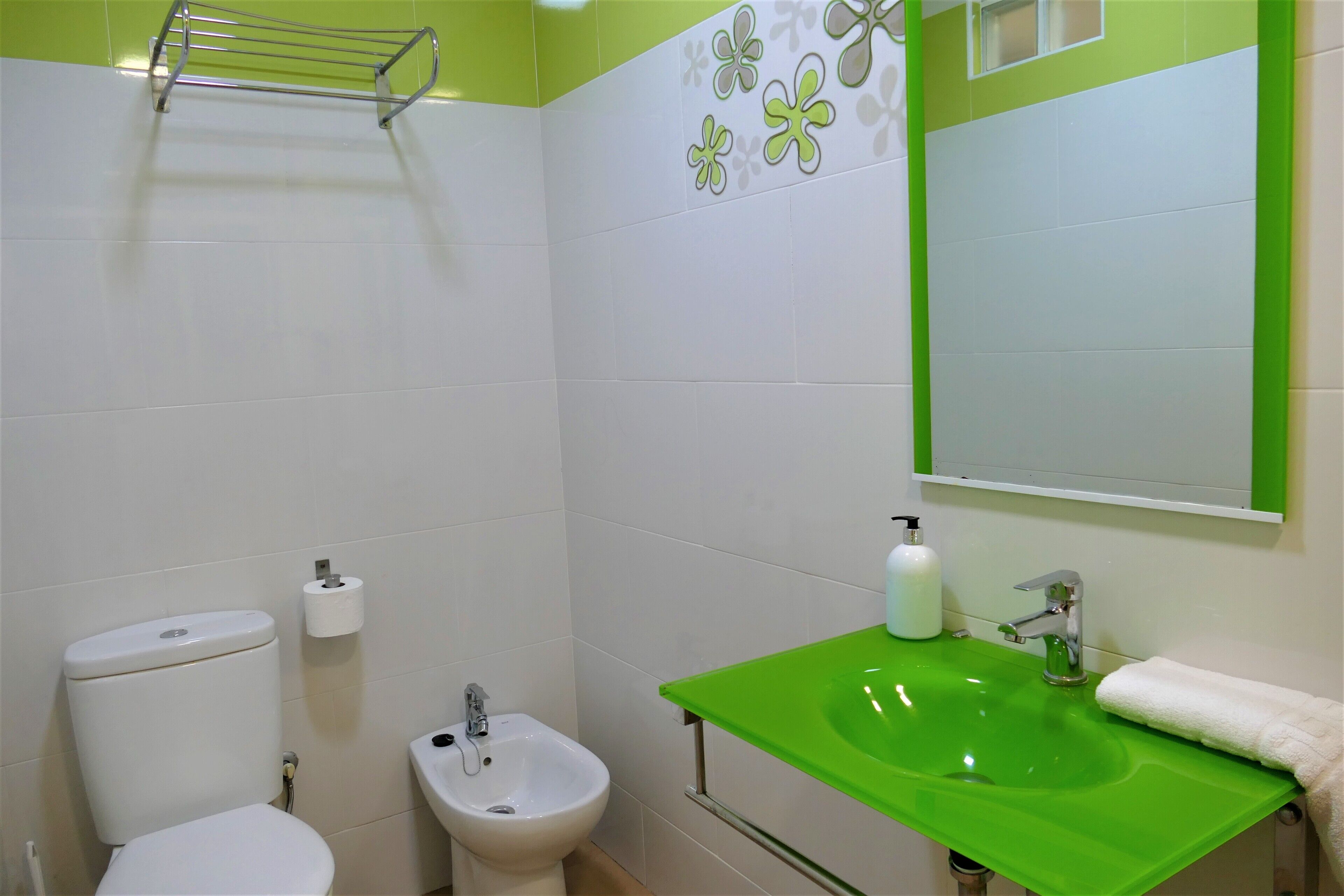 Ein Badezimmer mit Toilette, Bidet, grünem Waschbecken und Handtuchhalter.