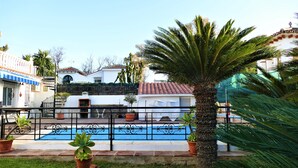 Une piscine entourée d’une clôture en métal noir, agrémentée de plantes en pot et de palmiers.