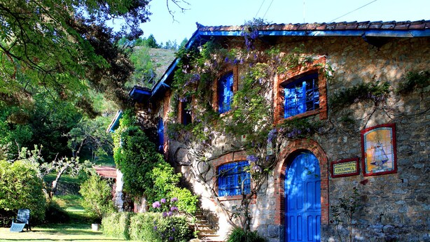 A stone building with blue doors and windows, surrounded by lush greenery.