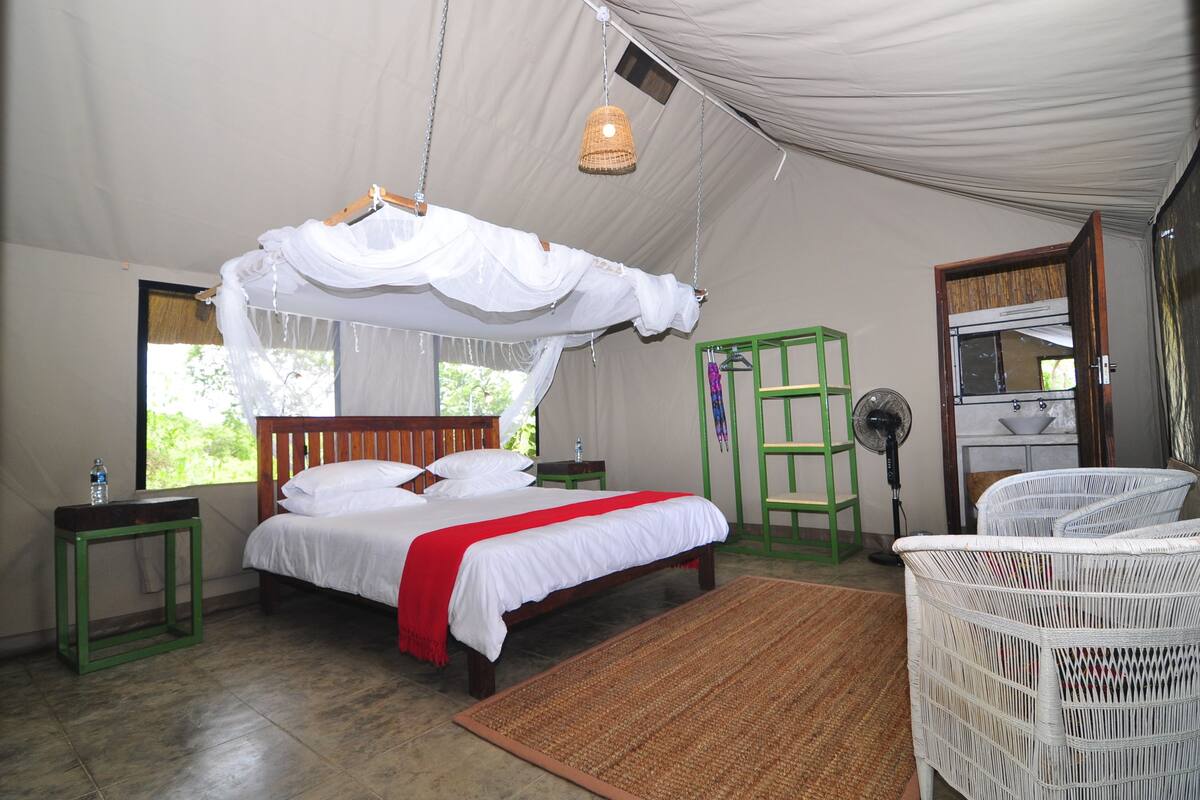 A tented room with a bed, a green side table, a wicker chair, and a fan.