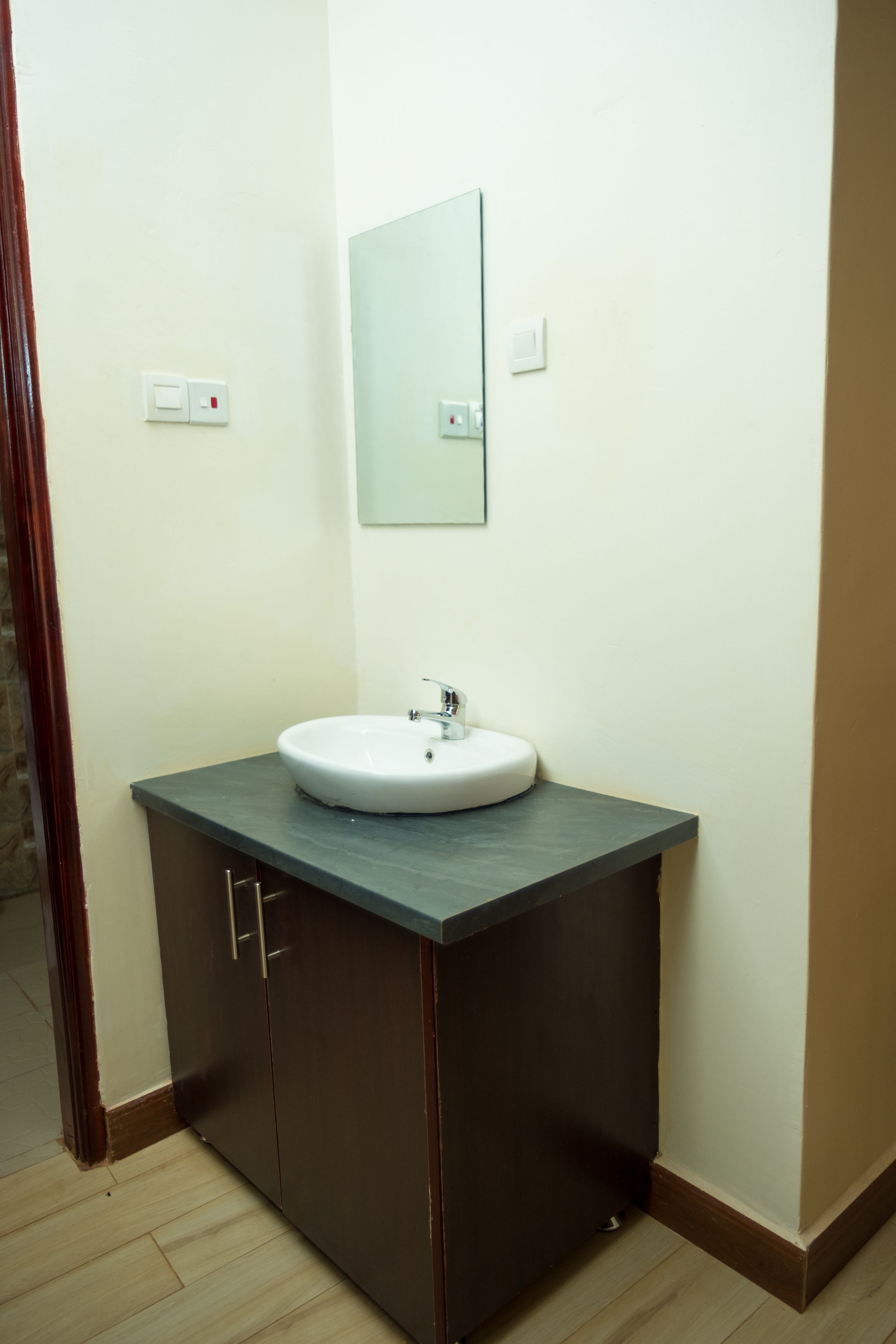 A bathroom with a white sink, dark brown cabinet, and a mirror above it.