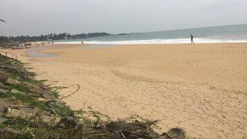 Una playa arenosa con algunas personas caminando, palmeras y un mar tranquilo.