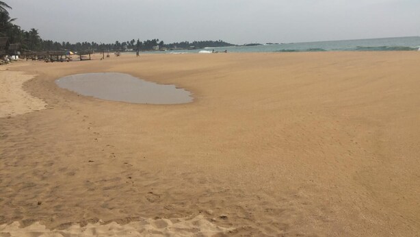 Ein weiter Sandstrand mit einer kleinen Wasserlache, Palmen und einer entfernten Meerblick.