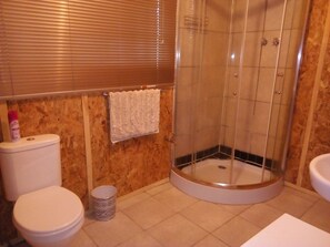 Chalet, varias camas, para no fumadores, vista al jardín | Baño | Regadera, regadera tipo lluvia, toallas