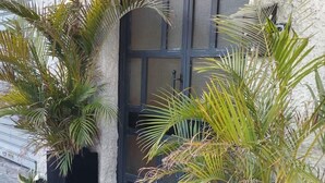 Un edificio con fachada texturizada, una puerta negra con paneles de vidrio y dos palmeras en macetas sobre la acera.