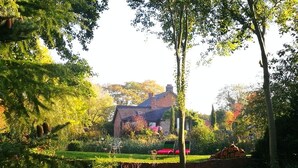 Een huis omgeven door weelderig groen en bomen.