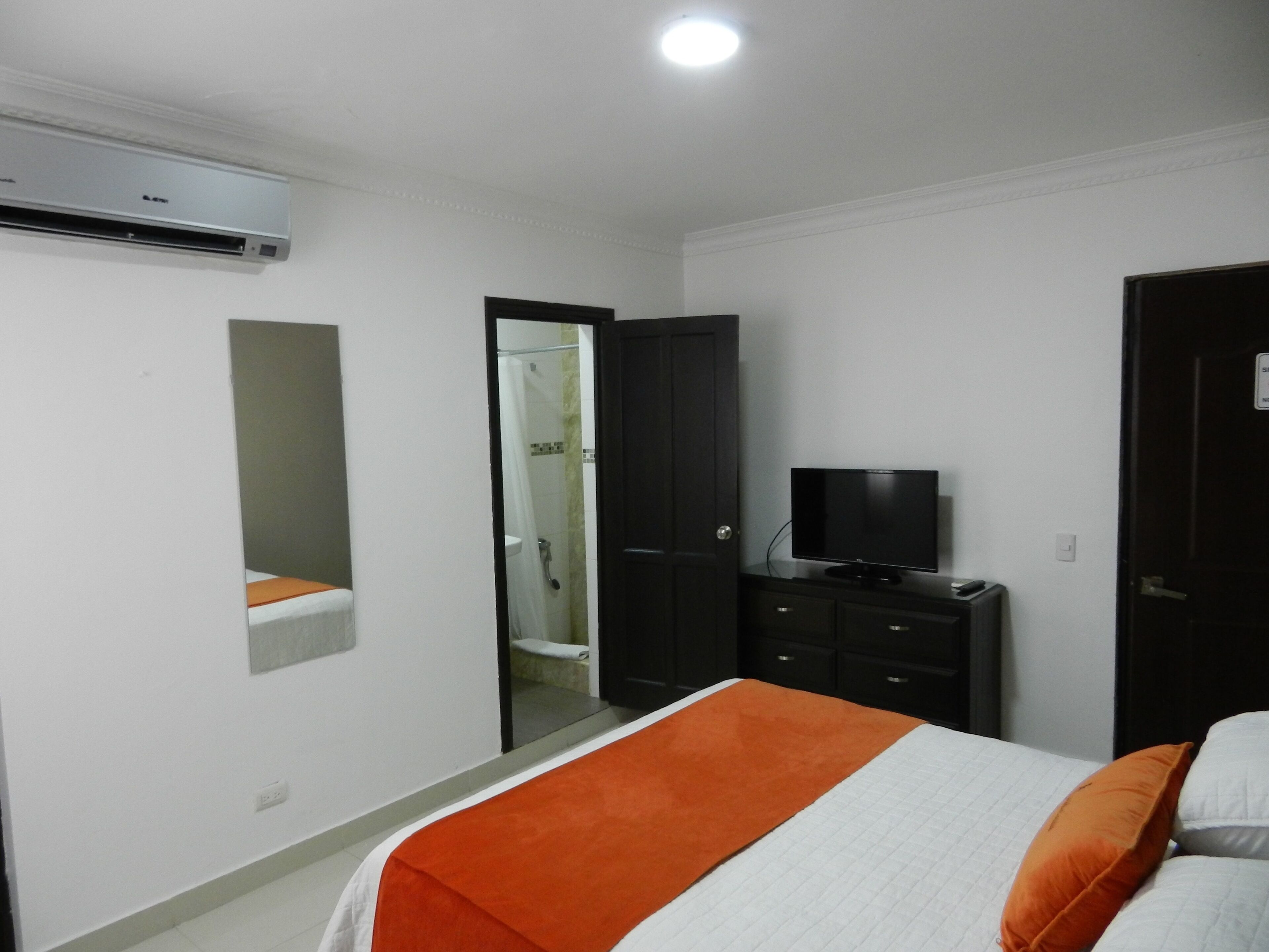 Un dormitorio con cama, televisor, armario y espejo.
