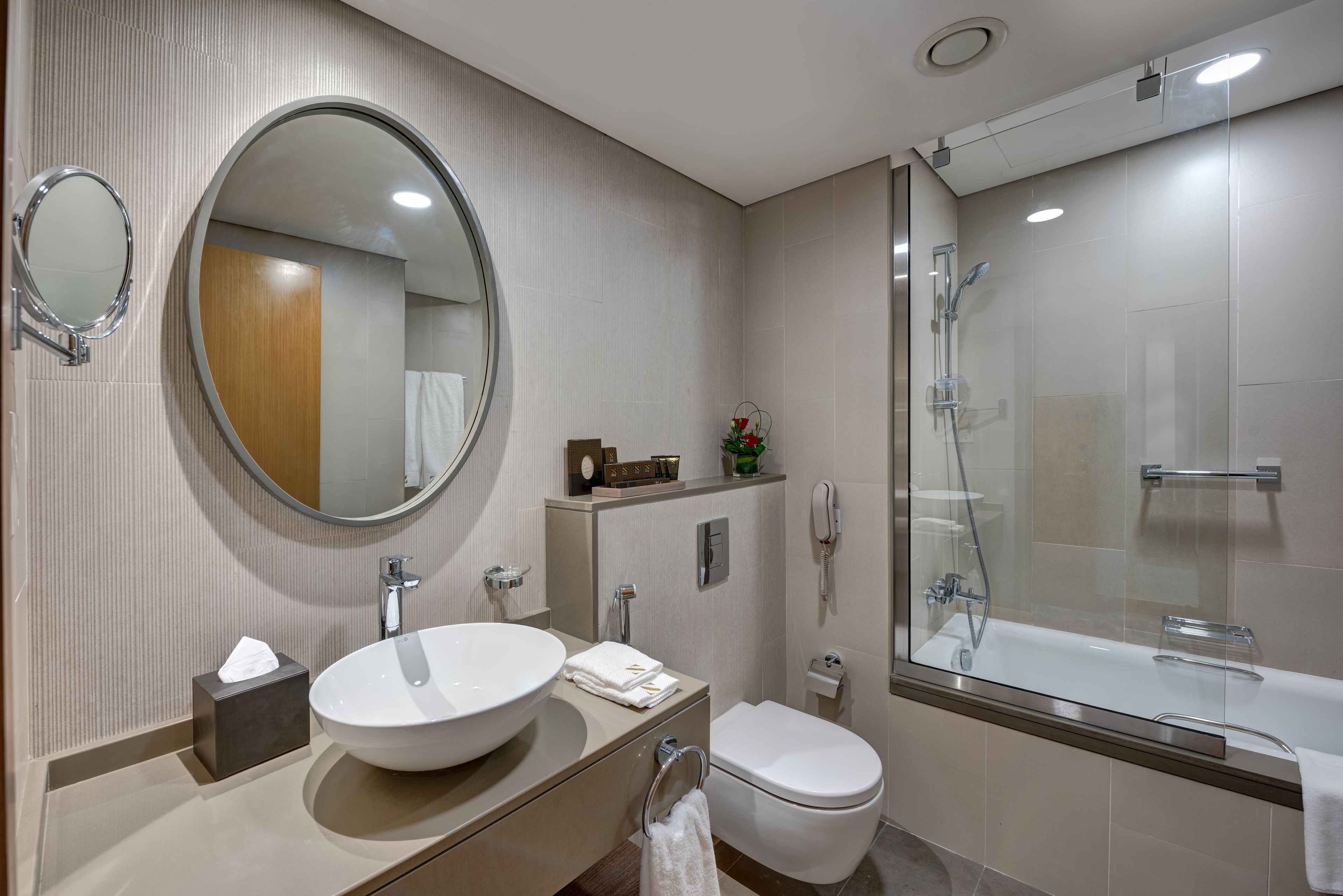 rainfall showerhead, free toiletries, hair dryer, slippers