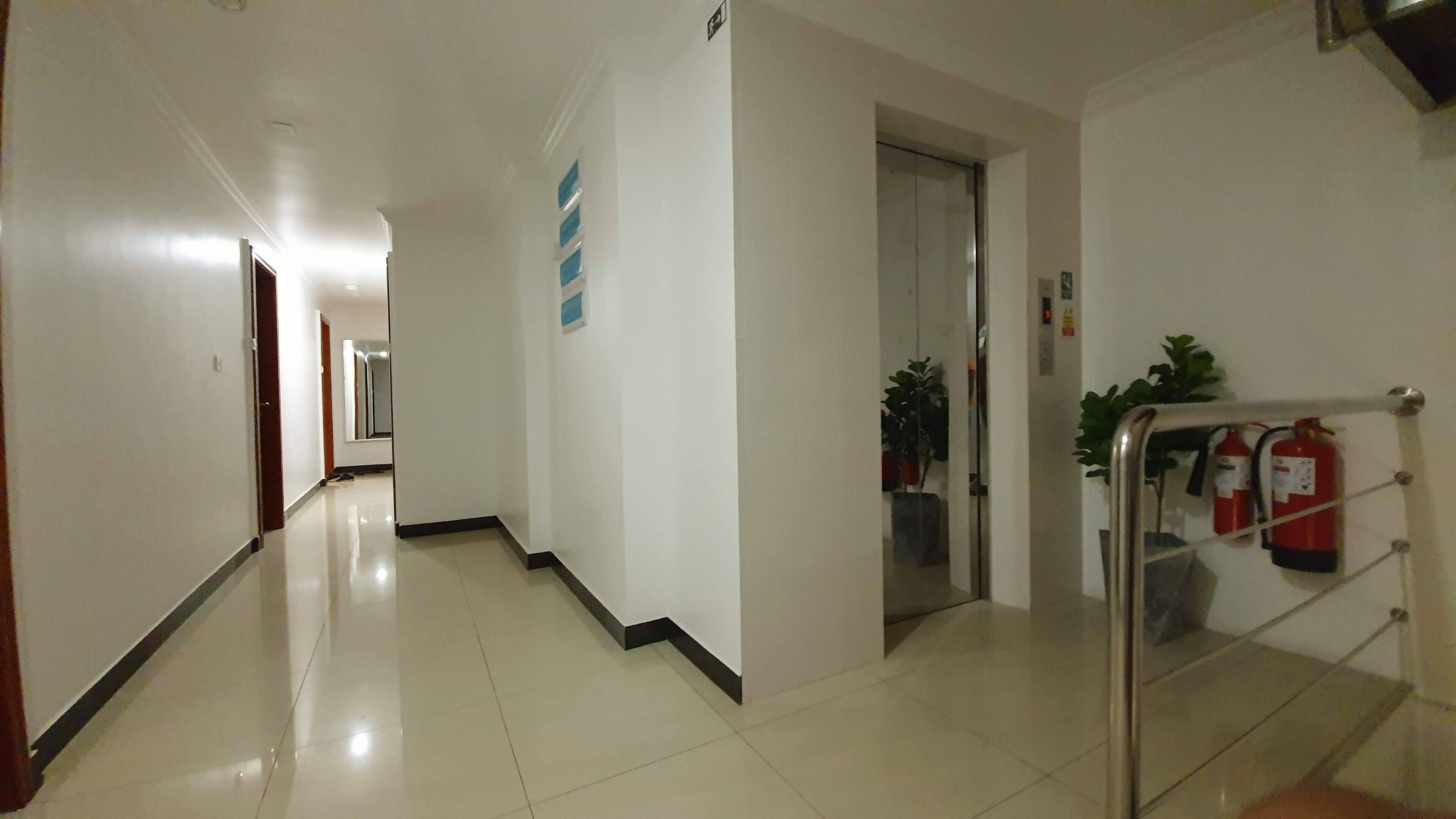 A clean, well-lit hallway with a fire extinguisher mounted on the wall and a potted plant near the elevator.