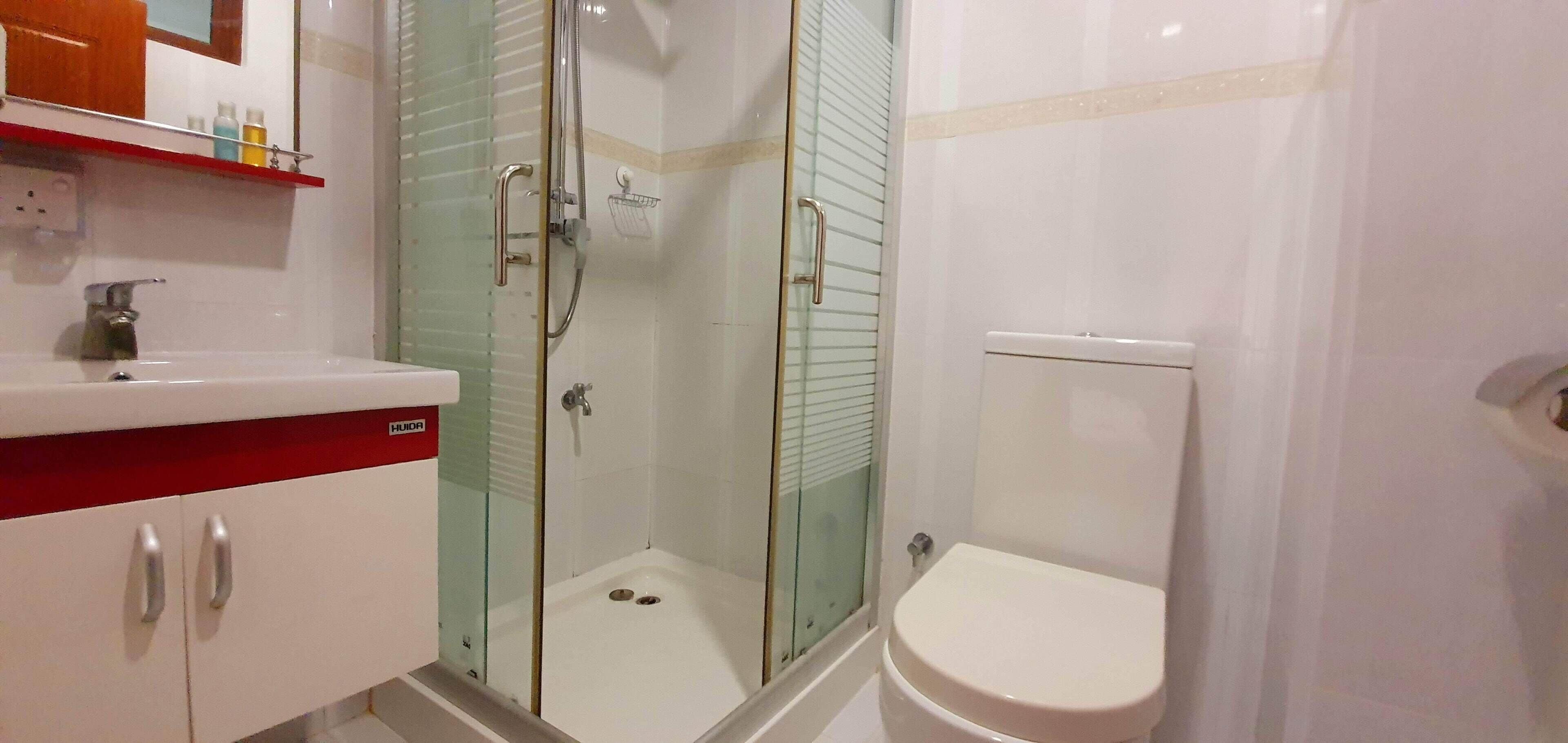 A bathroom with a glass-enclosed shower, a white toilet, and a red and white vanity with a mirror.