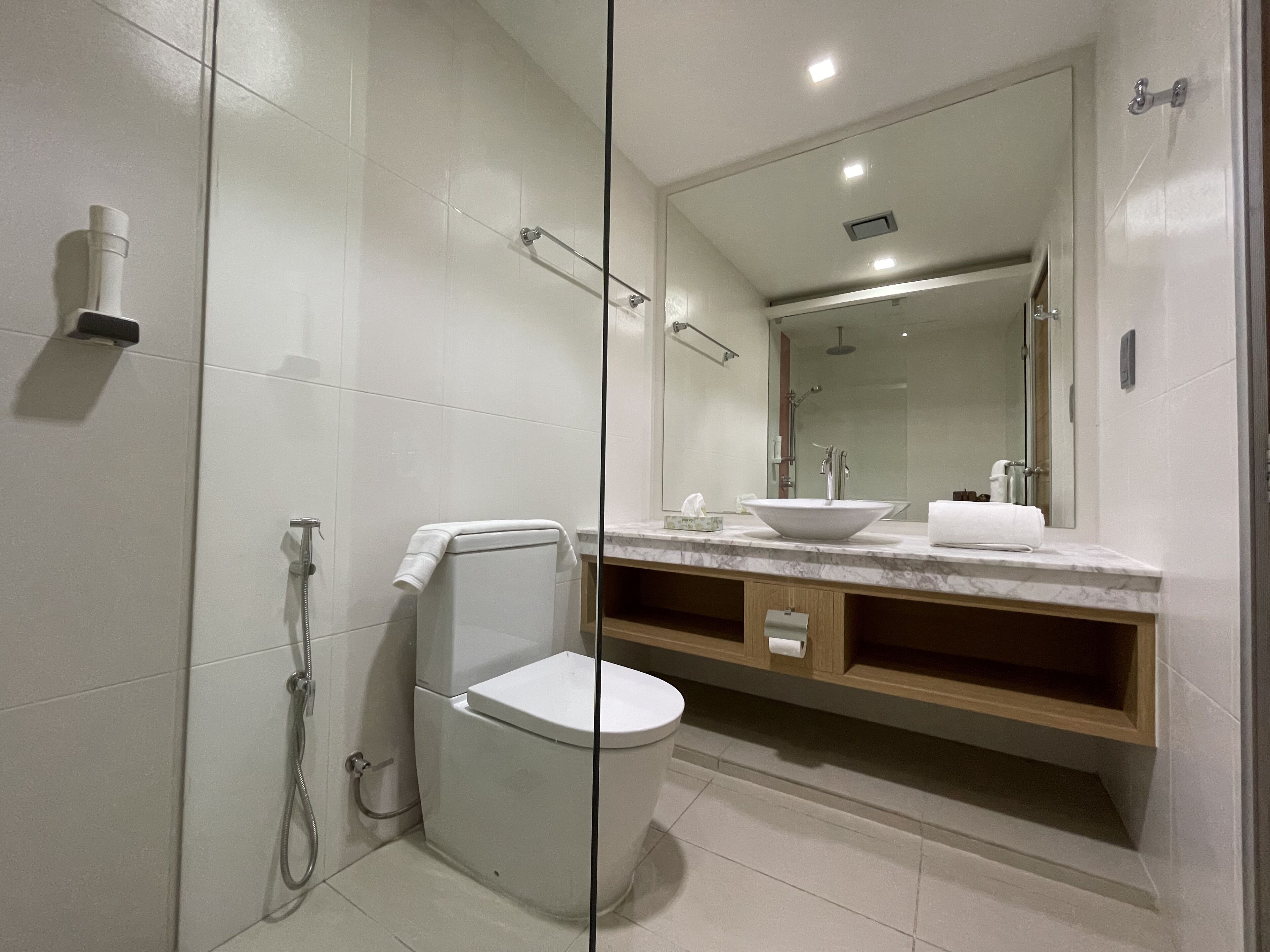 A modern bathroom with a glass-enclosed shower, a white toilet, a marble sink, and a large mirror.