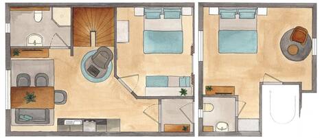 A hotel room layout with a bed, seating area, kitchenette, and bathroom.