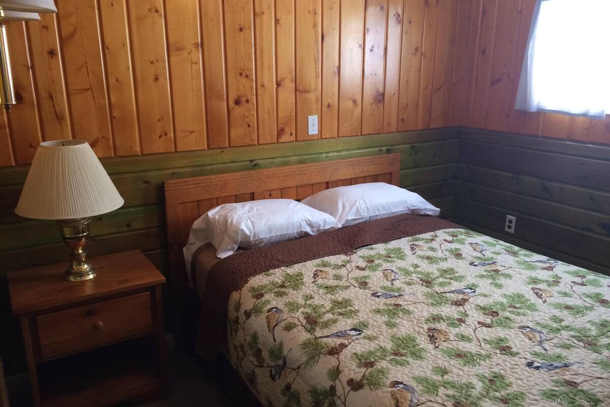 A wooden-paneled room with a bed, a nightstand, a lamp, and a window.
