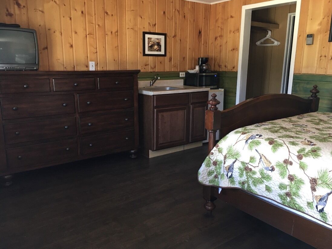 Una habitación con un aparador de madera, una cama con cubrecama de motivos naturales, una pequeña kitchenette y un cuadro en la pared.
