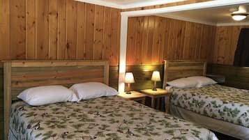 A room with two beds, wooden walls, and a mirror.