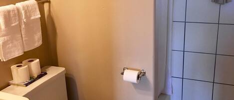 Ett badrum med en toalett, två rullar toalettpapper, en inramad skylt på väggen och en duschhörna med ett kaklat golv.