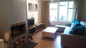 Un salon avec une cheminée, un canapé, une table basse et un téléviseur.