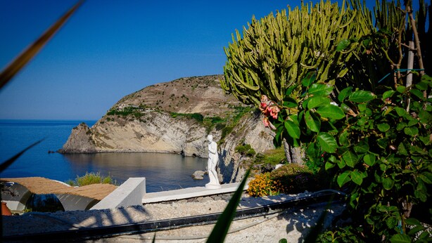 A coastal landscape with a statue, cacti, and a body of water.
