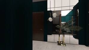 A modern interior with a dark teal wall, a wooden door, a glass table with gold legs, and a potted plant. - Rivendell Umbrella Collections  (Tbilisi)