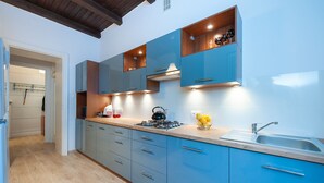 A modern kitchen with blue cabinets, a gas stove, and a sink. - 4Culture Apart (Lodz)