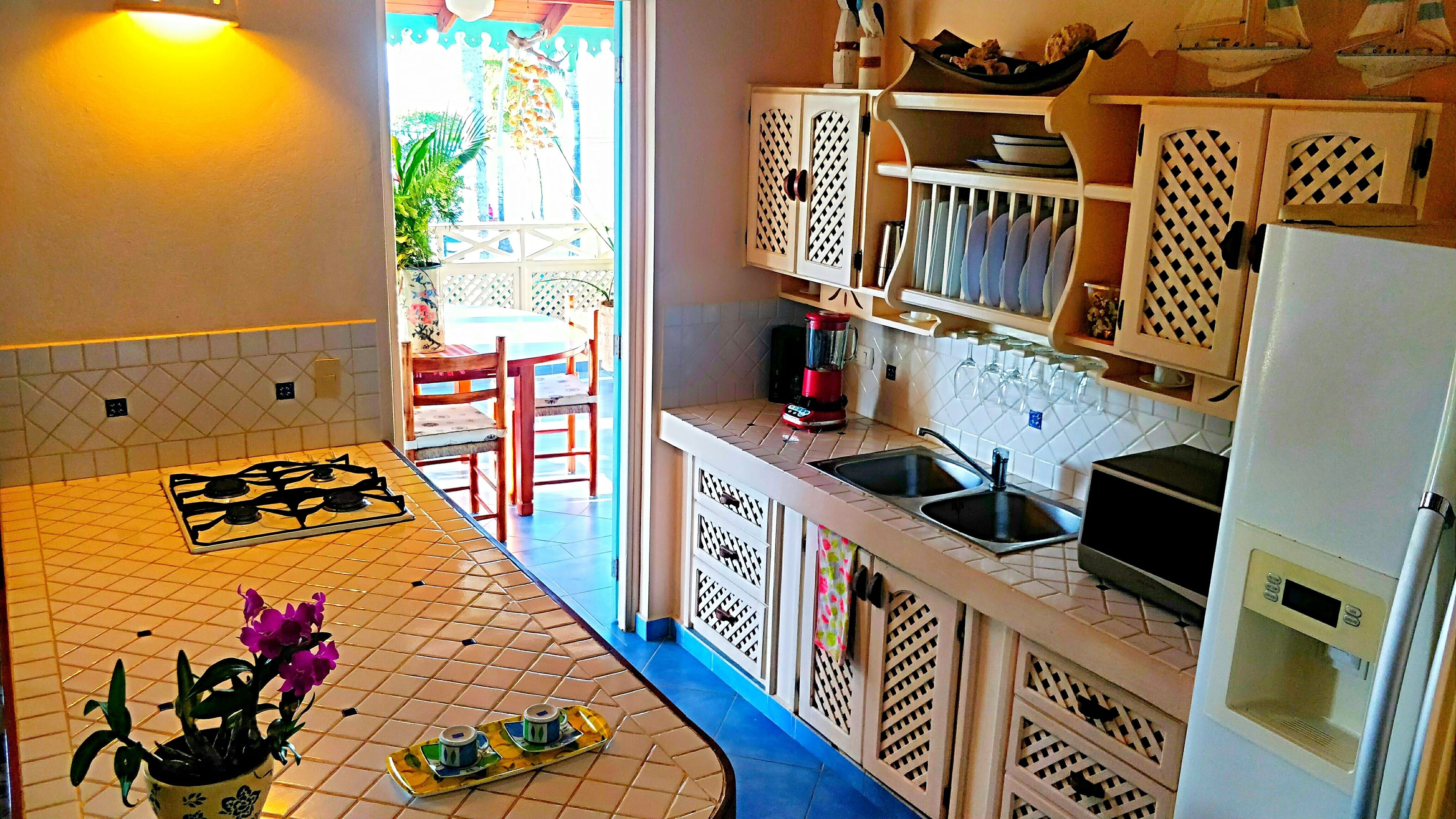 Cuina amb fogó de gas, rentapelats i armaris blancs. Hi ha una planta al taulell i una finestra amb vista a l'exterior.
