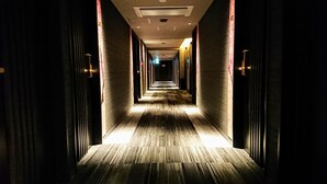 Um corredor comprido e estreito com piso de madeira e paredes, que leva a um fim iluminado.