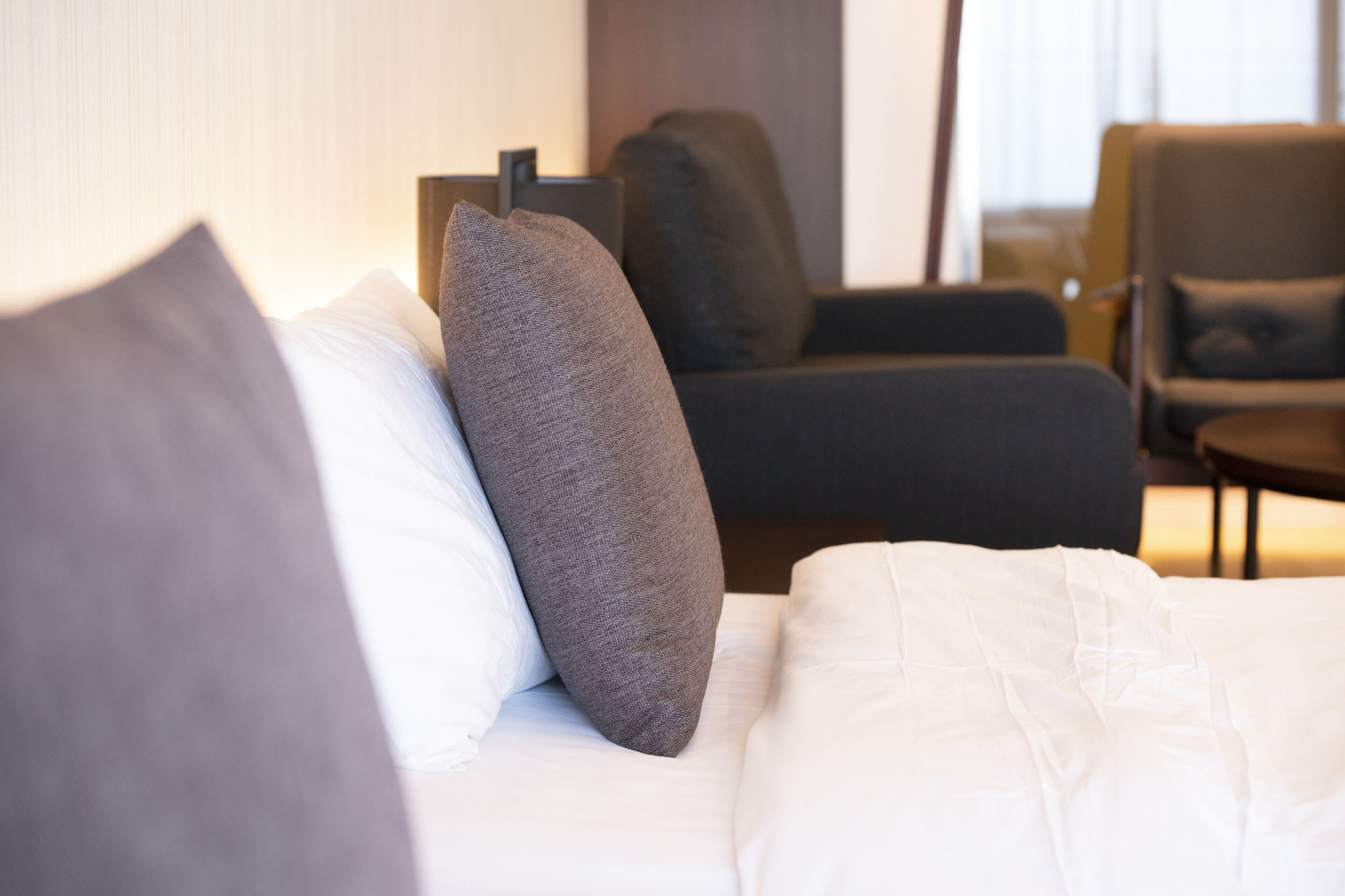 Una habitación de hotel con una cama, un sillón gris y un sofá blanco.