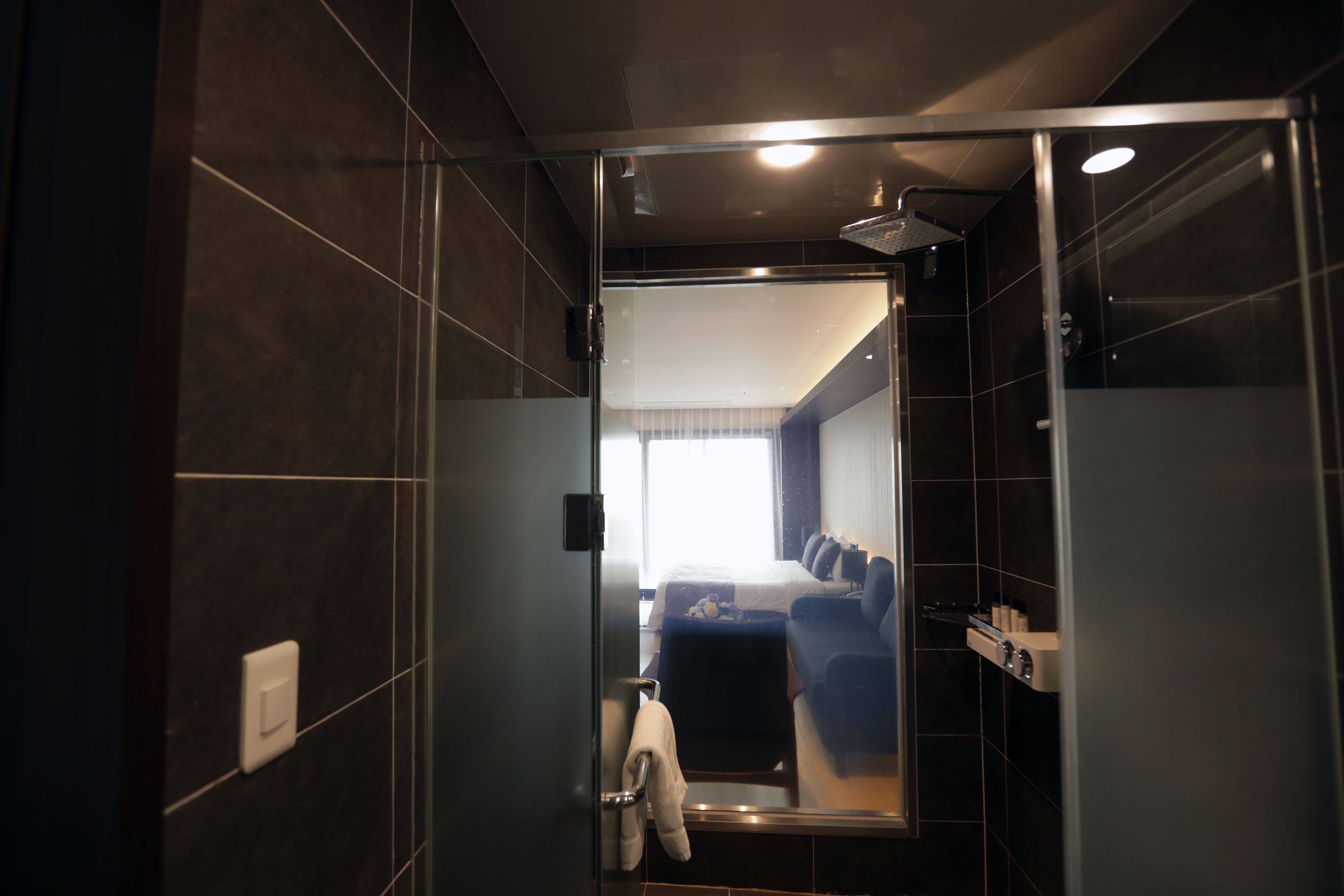 deluxe double room | bathroom | shower, hair dryer, bidet, towels
