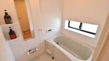 Separate tub and shower, free toiletries, hair dryer, electronic bidet