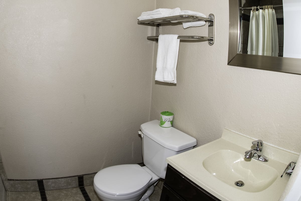 A bathroom with a toilet, a sink, a towel rack, and a mirror.