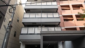 A multi-story building with a central entrance, a staircase leading to the entrance, and a utility pole on the left. - Elizabeth Garden II (Osaka)