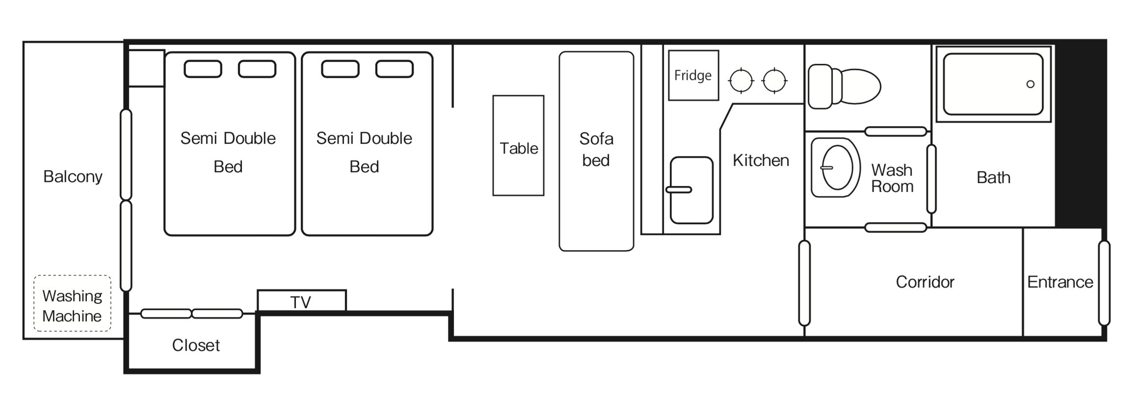 En planritning som visar en lägenhet med balkong, två sängar som kan användas som dubbelsängar, en bäddsoffa, ett bord, en TV, en tvättmaskin, en garderob, ett kök, ett badrum, en toalett, en hall och en entré.