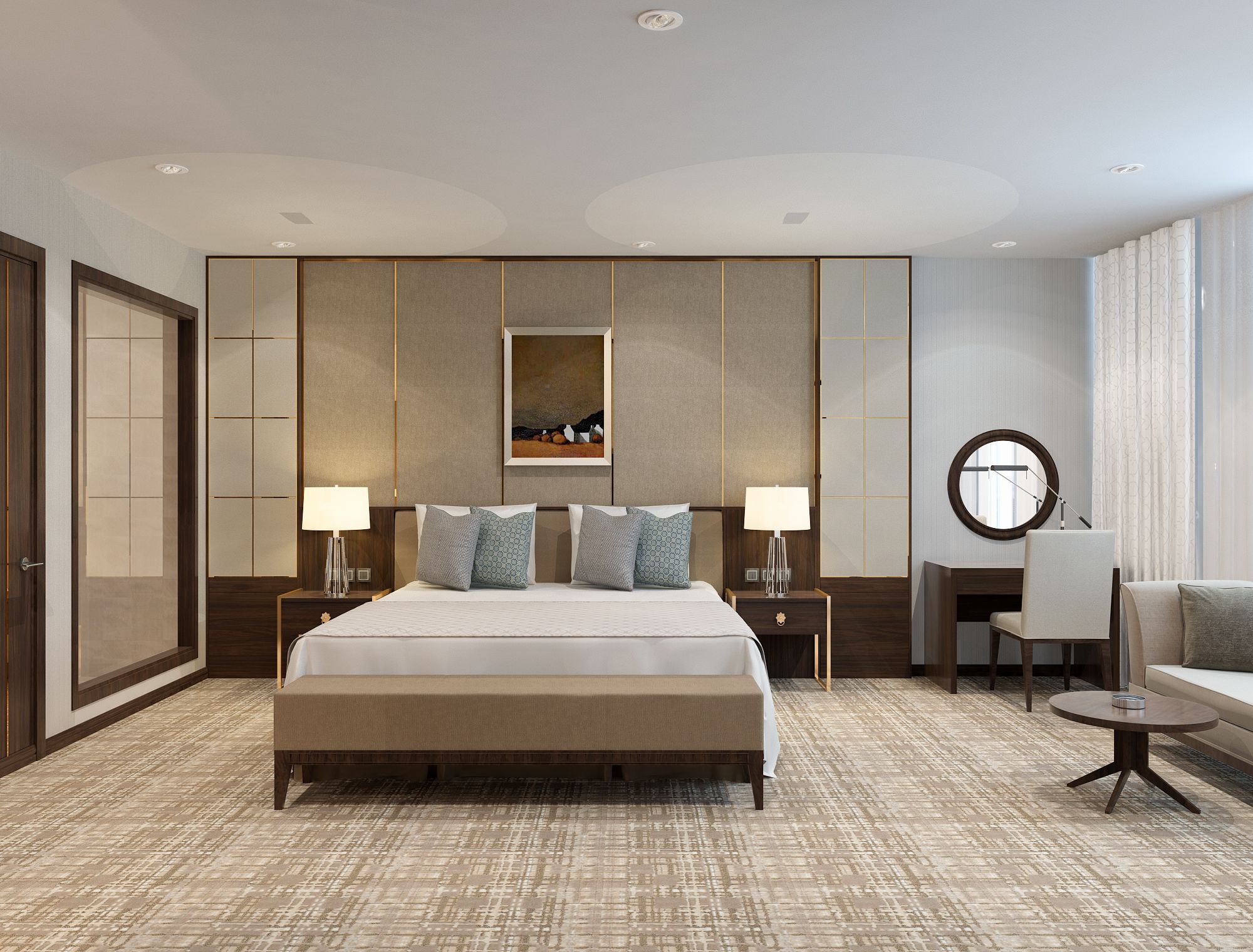 Una habitación de hotel moderna con una cama grande, dos mesitas de noche con lámparas, una pequeña mesa redonda, una silla y un espejo grande.