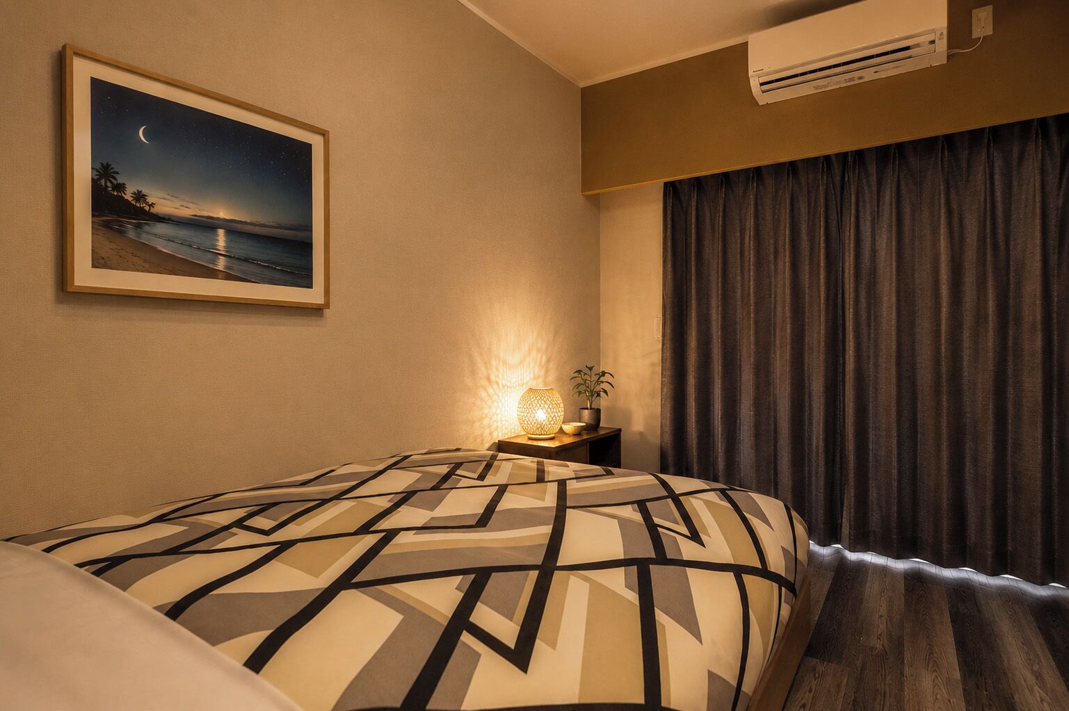 A hotel room with a bed, a nightstand with a lamp, a painting of a beach scene, and a large window with curtains.