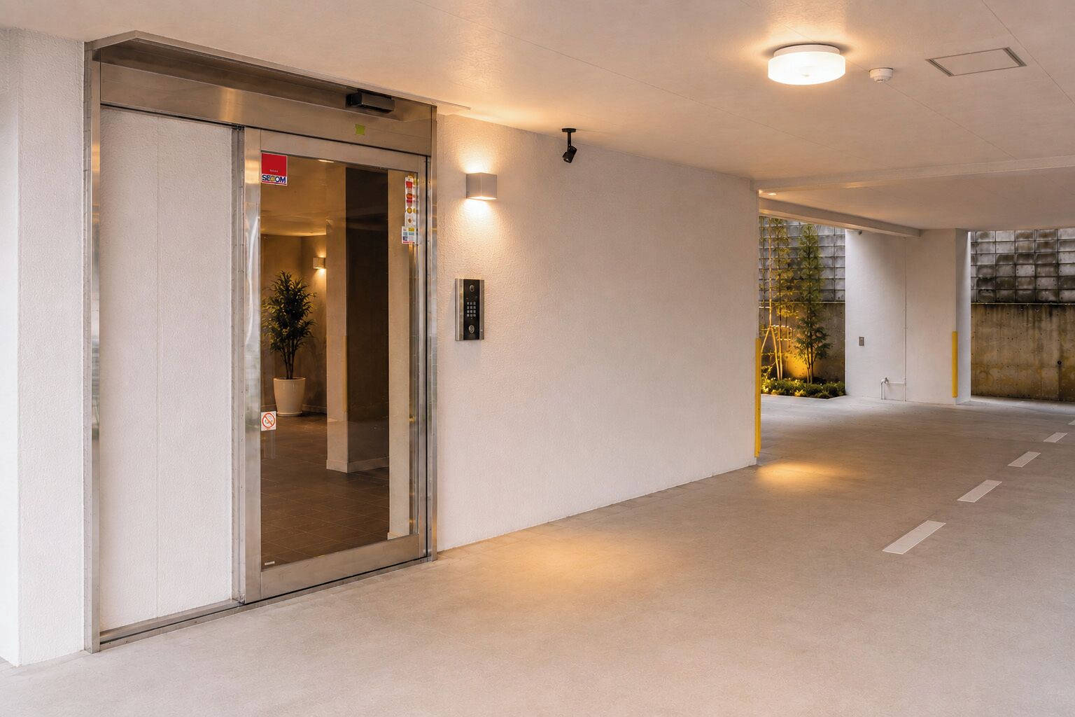 Un couloir avec une porte d’entrée en verre, un luminaire fixé au mur et une plante en pot.