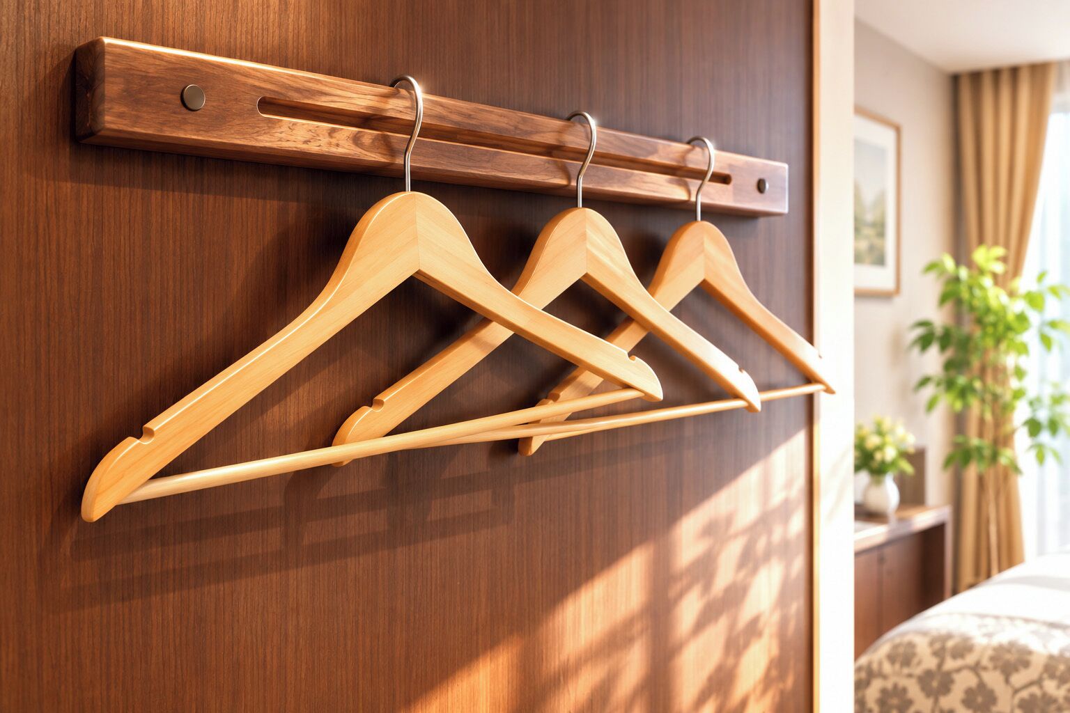 Wooden wall-mounted hangers on a wooden panel, likely in a hotel room.