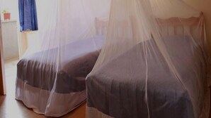 Two beds with mosquito netting, a wooden headboard, and a small table with a plant. - Shalom House - Hostel (Nairobi)