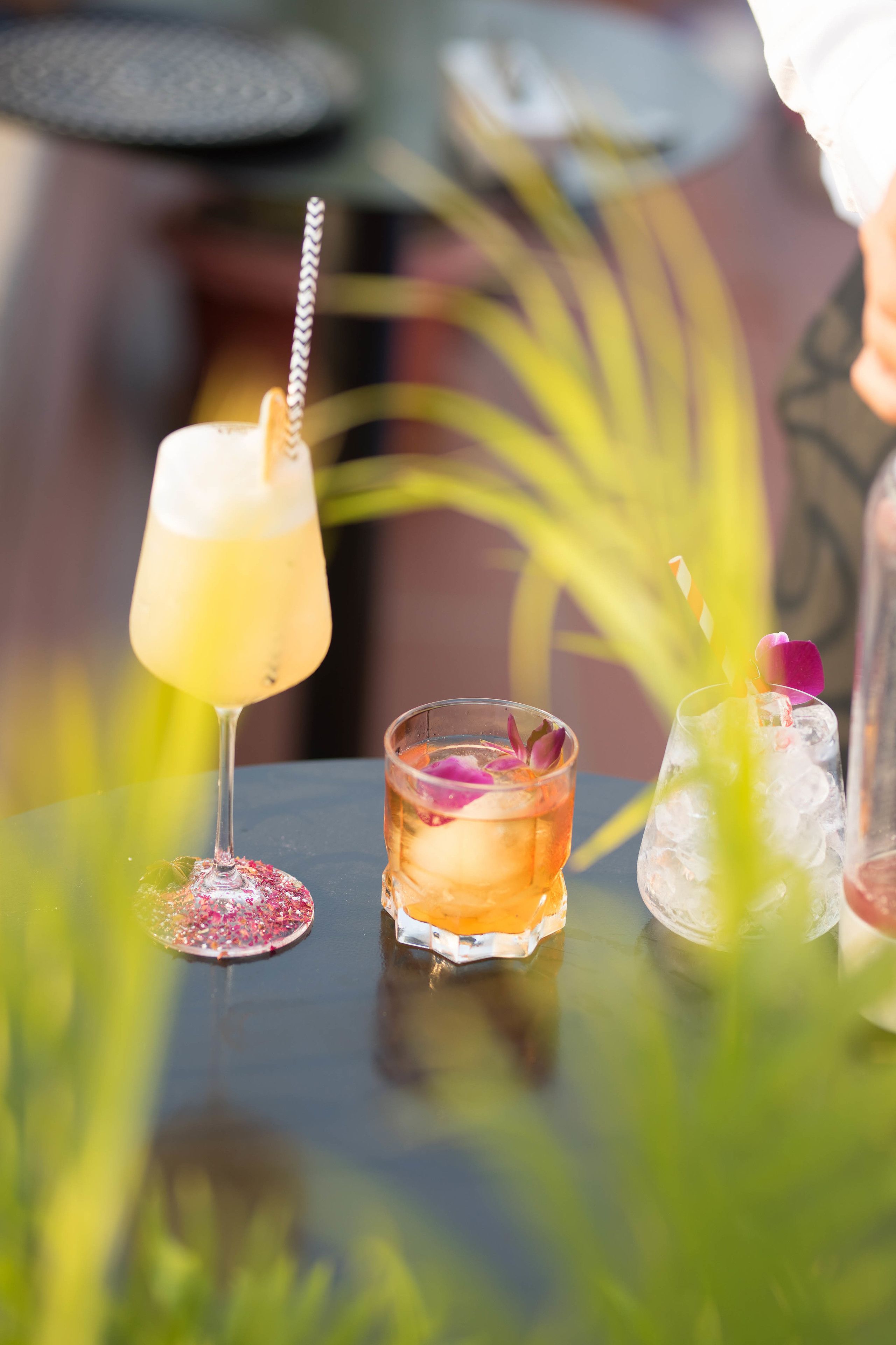 Three drinks on a table with a blurred background.