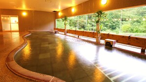 A large indoor swimming pool with wooden walls and large windows offering a view of greenery outside. - Tsuchiyu Onsen MUKAITAKI (Fukushima)