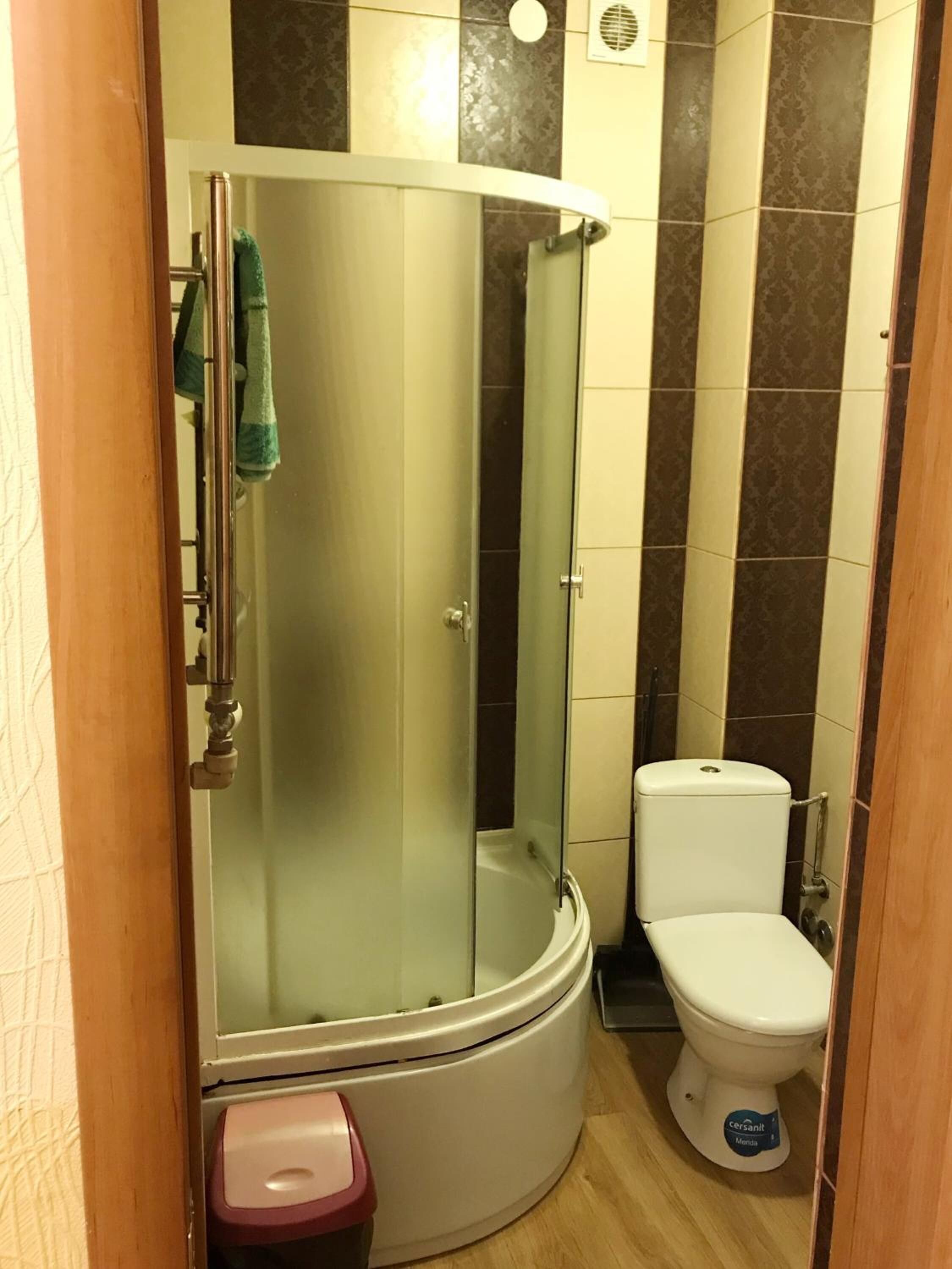 A bathroom with a glass-enclosed shower, a white toilet, and a small pink trash bin.