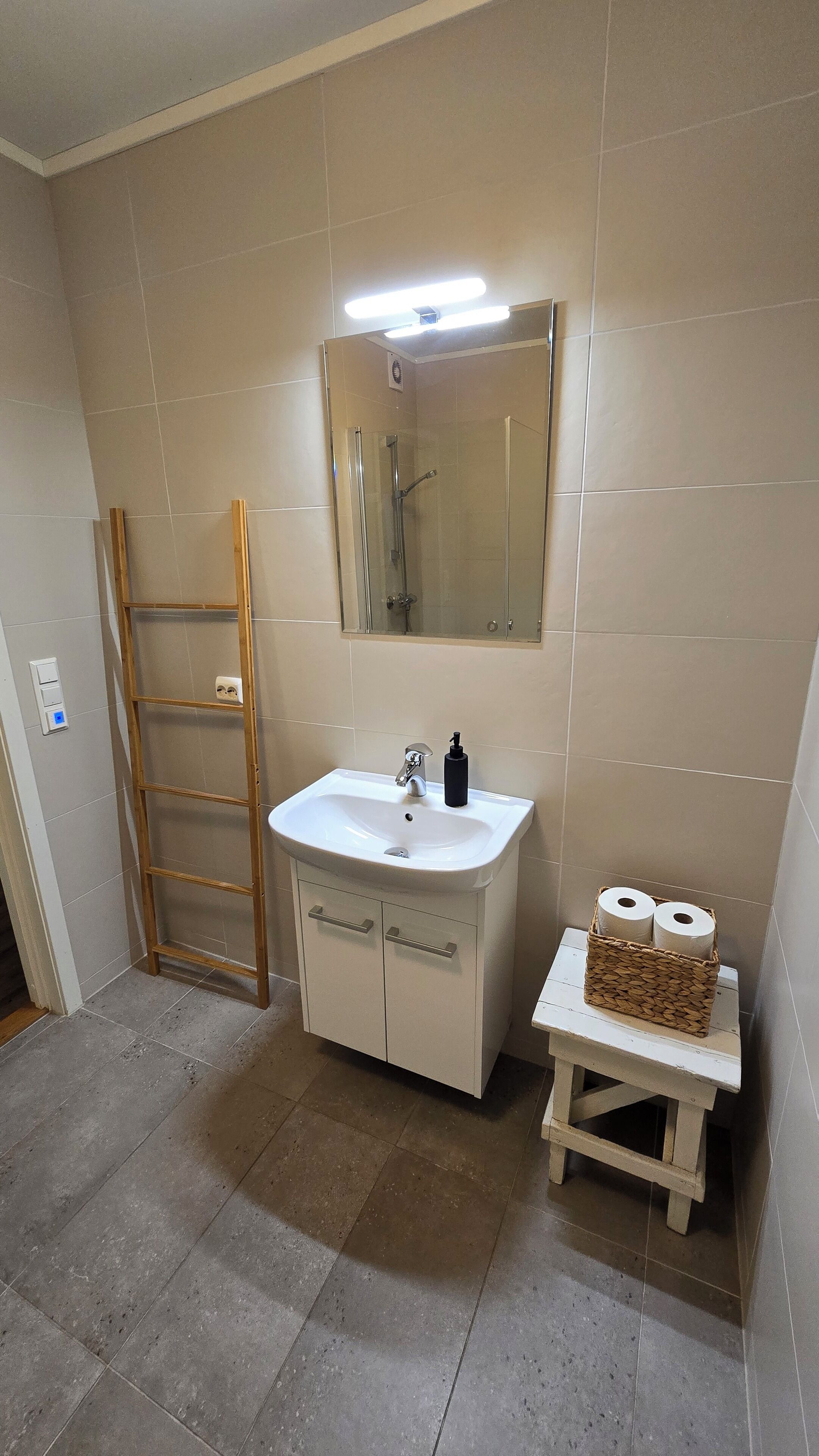 A bathroom with a white sink, a mirror, a shower, and a shelf with toilet paper.