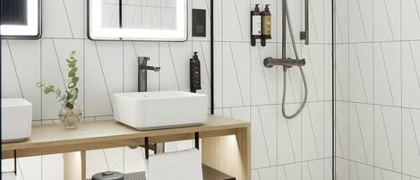 Une salle de bain moderne avec une douche à parois de verre, un meuble-lavabo en bois avec un lavabo blanc et un miroir au-dessus du meuble.