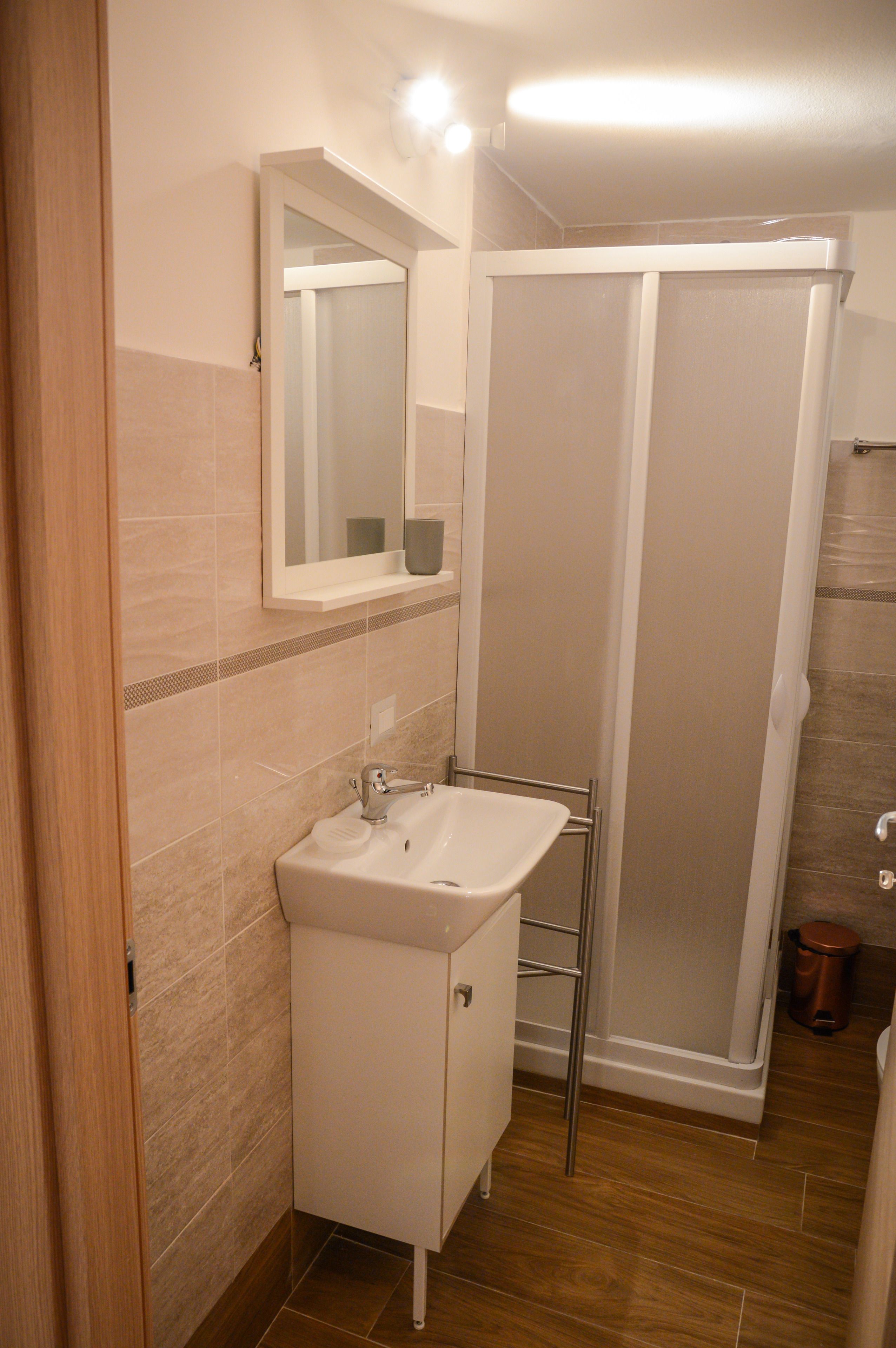 A bathroom with a sink, mirror, and shower enclosure.