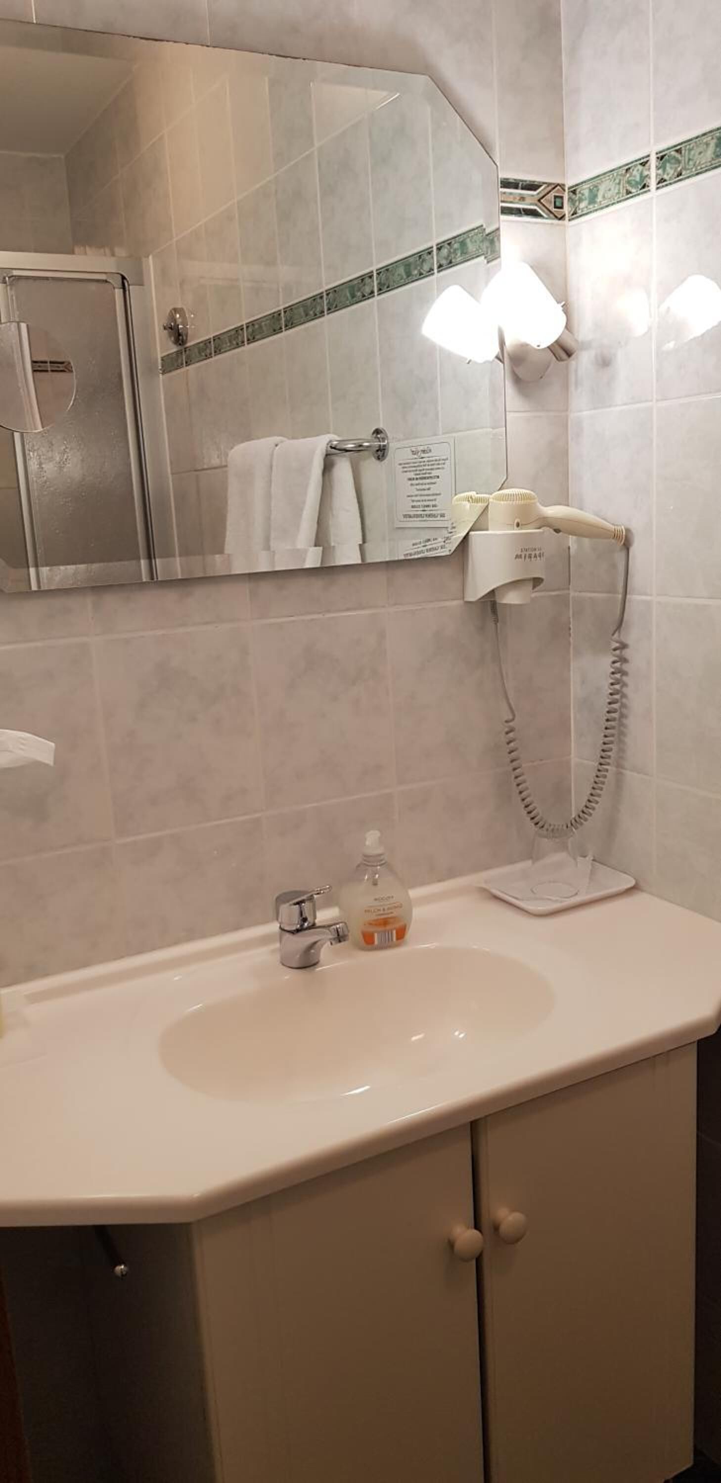 A bathroom with a sink, mirror, and hairdryer.